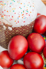 Easter spring cake with painted chicken eggs in a wicker basket