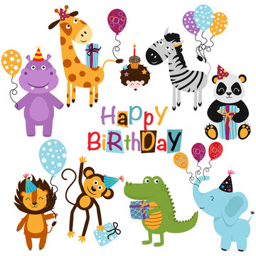 set of isolated Happy Birthday animals - vector illustration, eps