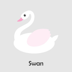 Swan in cartoon style, pond card for kid, preschool activity for children, vector illustration