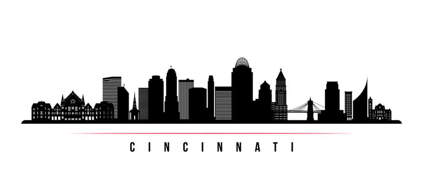 Cincinnati skyline horizontal banner. Black and white silhouette of Cincinnati, Ohio . Vector template for your design.