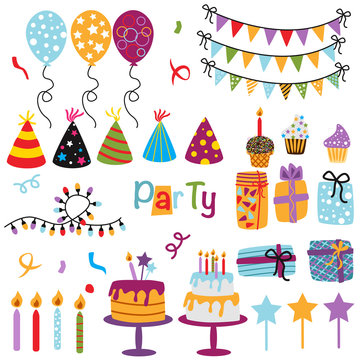 set of isolated Happy Birthday party decorations - vector illustration, eps
