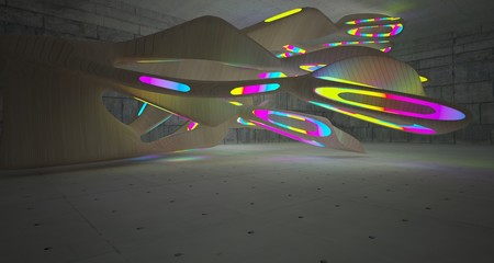 Abstract architectural concrete and wood smooth interior of a minimalist house with color gradient neon lighting. 3D illustration and rendering.