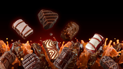Milk chocolate, sweet caramel sauce 3D swirls splashes with chocolate praline candies on chocolate texture background. Сombination of caramel and milk chocolate flavors. Sweets dessert design elements