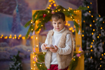 little cute boy with cookies in hands on the background of the Christmas counter in anticipation of the holiday