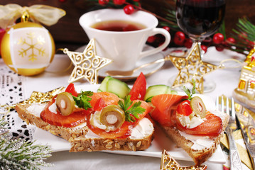 christmas canapes with salmon and cheese