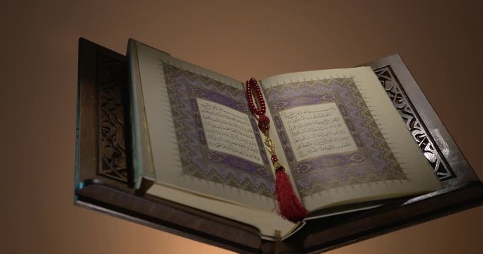 Holy Quran on Book Rest with Prayer Beads 2