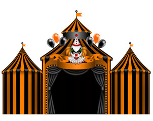black and orange halloween circus background with clown and balloons vector