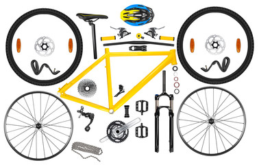 all single parts components of yellow black modern aluminum mountain bike mtb offroad sport bicycle...