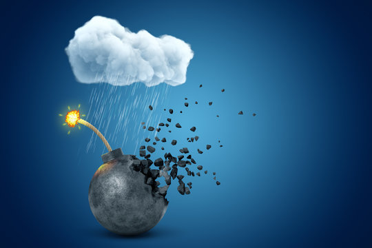 3d rendering of black ball bomb with burning fuse, disintegrating into pieces under raining cloud on blue background.