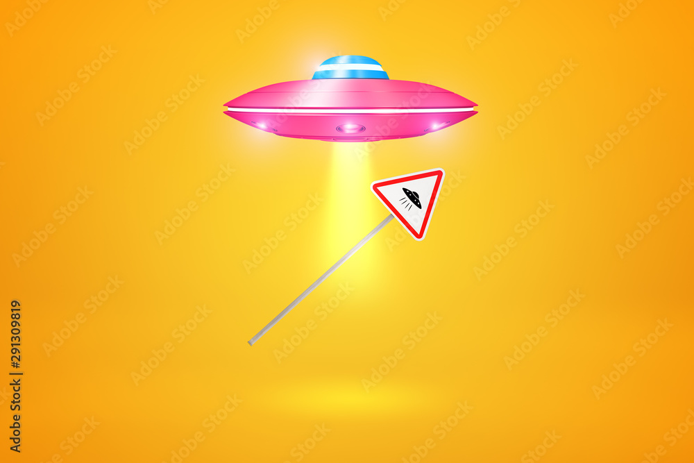 Aufkleber 3d rendering of pink ufo flying against amber background and using gravitation powers to lift 'ufo' 