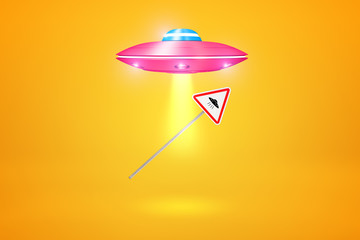 3d rendering of pink UFO flying against amber background and using gravitation powers to lift 'UFO' road sign toward its hatch.
