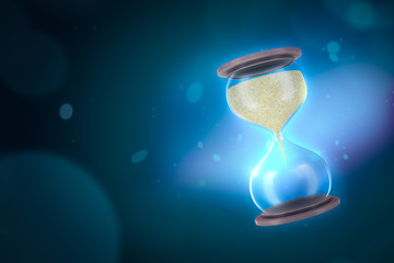 3d close-up rendering of hourglass with full upper bulb on blue gradient bokeh background with copy space.