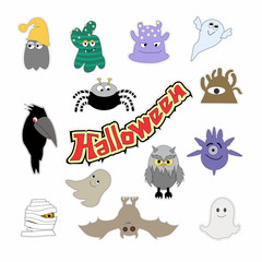 Halloween characters icons and stickers. Colorful cartoon illustration.