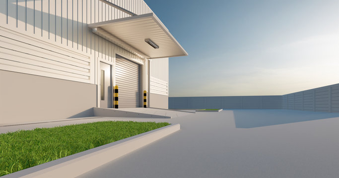 Commercial or industrial facade. That is a property use as factory, warehouse, hangar or workplace. Modern exterior design with roller door and metal wall. Stone brick paving at outdoor. 3d render.