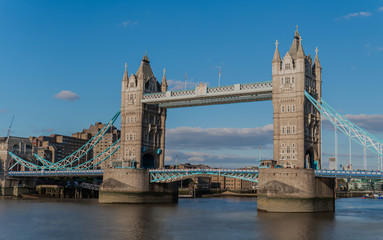 Tower Bridge in London in the blue sky.