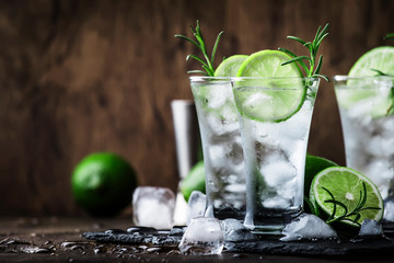 Classic gin tonic cocktail with lime, ice and rosemary. Vintage bar, bar tools. With copy space