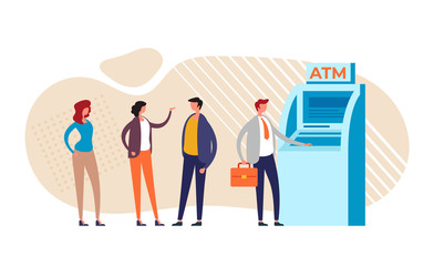 People characters waiting ATM line. Vector graphic design flat cartoon illustration