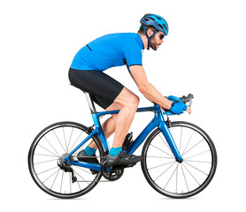 professional bicycle road racing cyclist racer  in blue sports jersey on light carbon race cycle....