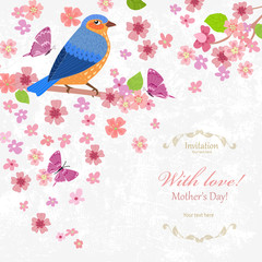 romantic invitation card with cute bird. happy mothers day