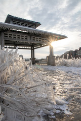 Frozen lakeside gazebo, Port Credit, Ontario, Canada