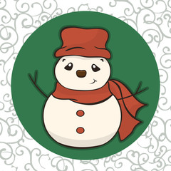 Christmas cartoon snowman in scarf and red hat vector image. Winter friend of children. Merry Christmas greeting card with fun snowman. New Year's poster. Molded from snow character.