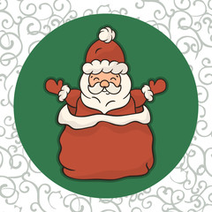 Christmas cartoon Santa Claus in red bag with gifts vector. Merry Christmas and Happy New Year design for Christmas card. Santa look out of Santa Claus's sack. Children's Xmas mood. Saint Nicolas