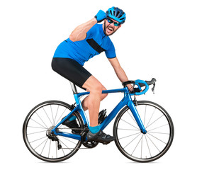 professional bicycle road racing cyclist racer in blue sports jersey on light carbon race cycle...