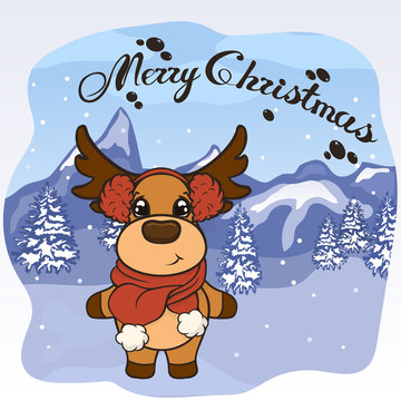 Christmas cartoon deer in scarf and red fur headphones vector image. Cute Reindeer in Christmas. Merry Christmas greeting card with fun deer. New Year's poster. Santa Claus’s friend.