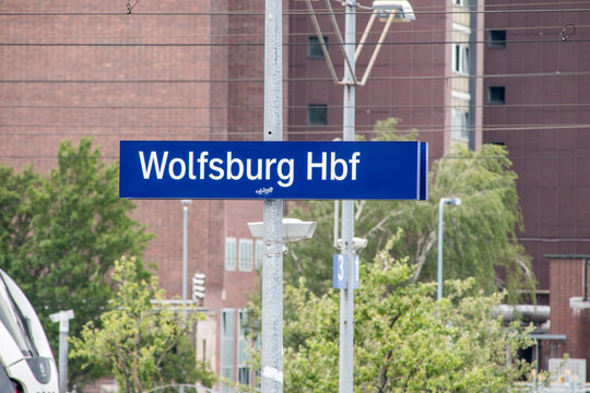 Wolfsburg Hbf sign at Wolfsburg Hauptbahnhof train station.