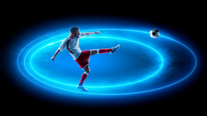 Soccer neon background. Professional soccer player in action. Blue neon light