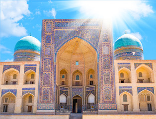 Mir-i Arab Madrassah. A view of Miri Arab Madrasah in Bukhara, Uzbekistan - obrazy, fototapety, plakaty