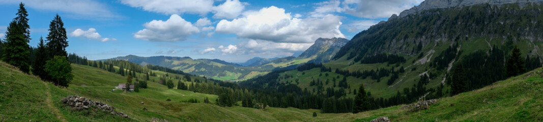 Fototapeta na wymiar Bergwanderweg von Innereriz über die Sichle nach Merligen (Schweiz, Bern, Berner Oberland)