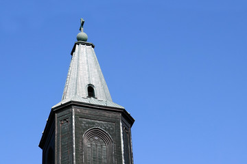 Top of the church bell tower. Turku Cathedral, Turku, Finland. Copy space.