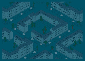 city at night with dark windows and a single light - sleepless