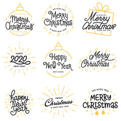 Merry Christmas and Happy New Year 2020 typographic emblems set. Vintage logo, text design. Labels for banners, greeting cards, gifts.