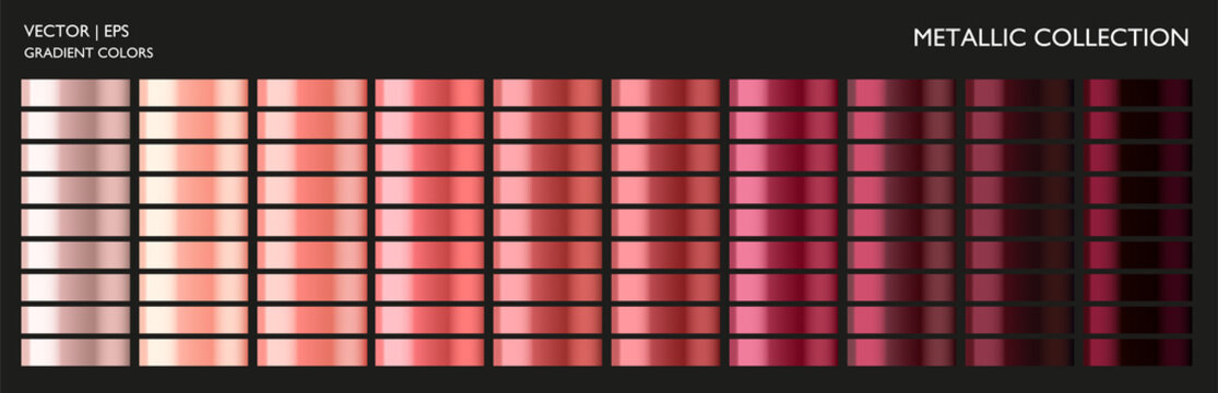 Metal gradient. Metallic c red, pink, rose gradient set. Holographic background template for screen, mobile, banner, label, tag. Vivid color gradient palette.