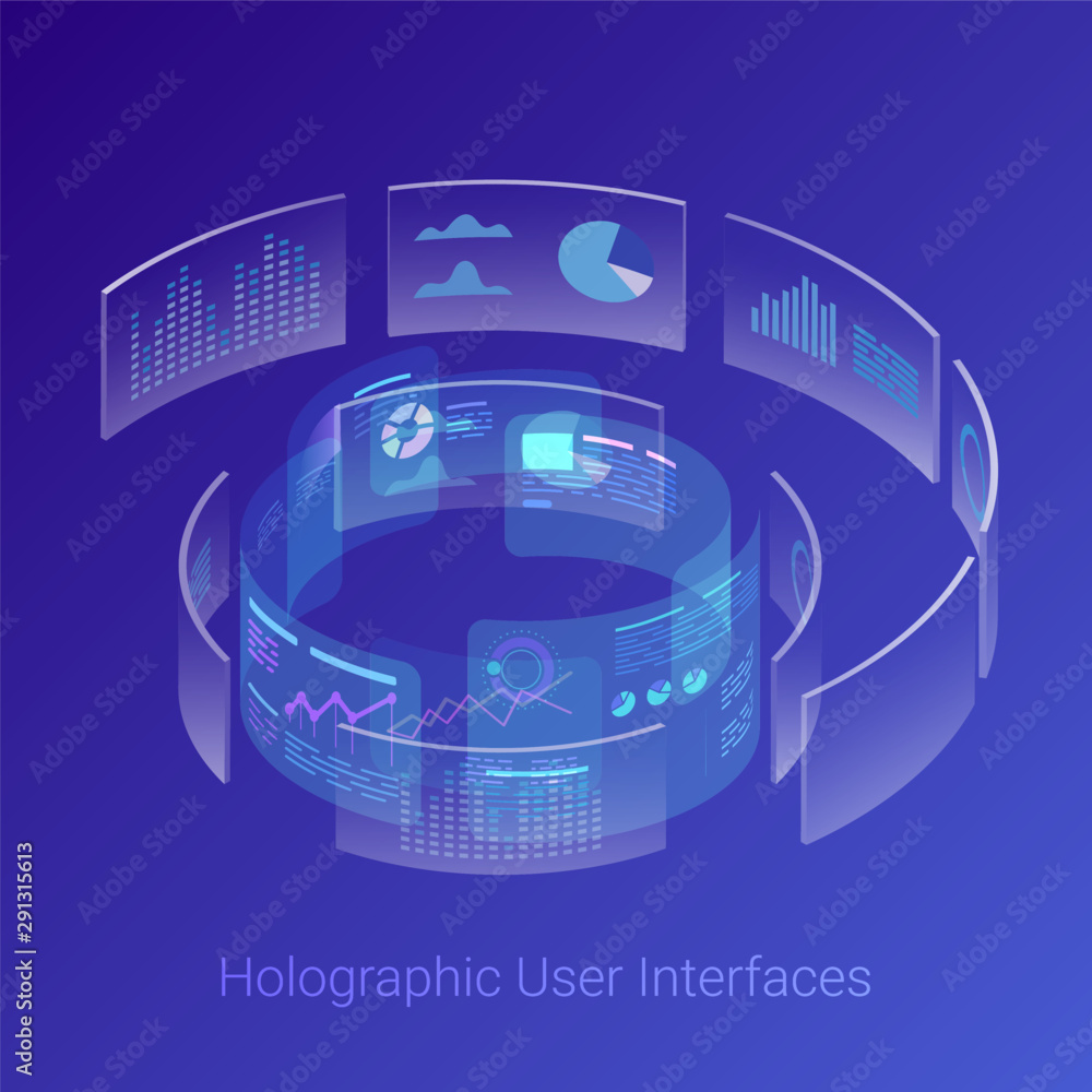 Poster isometric holographic virtual reality vr hud head-up displays user interface cylindrical shape vecto