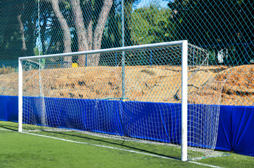 Fototapeta premium Goal post, Football soccer goal realistic sports equipment. Football goal at small football stadium in Marbella Andalucia Spain.