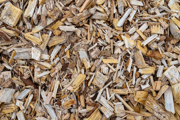 Background made of wood chips, closeup shot, wooden texture.