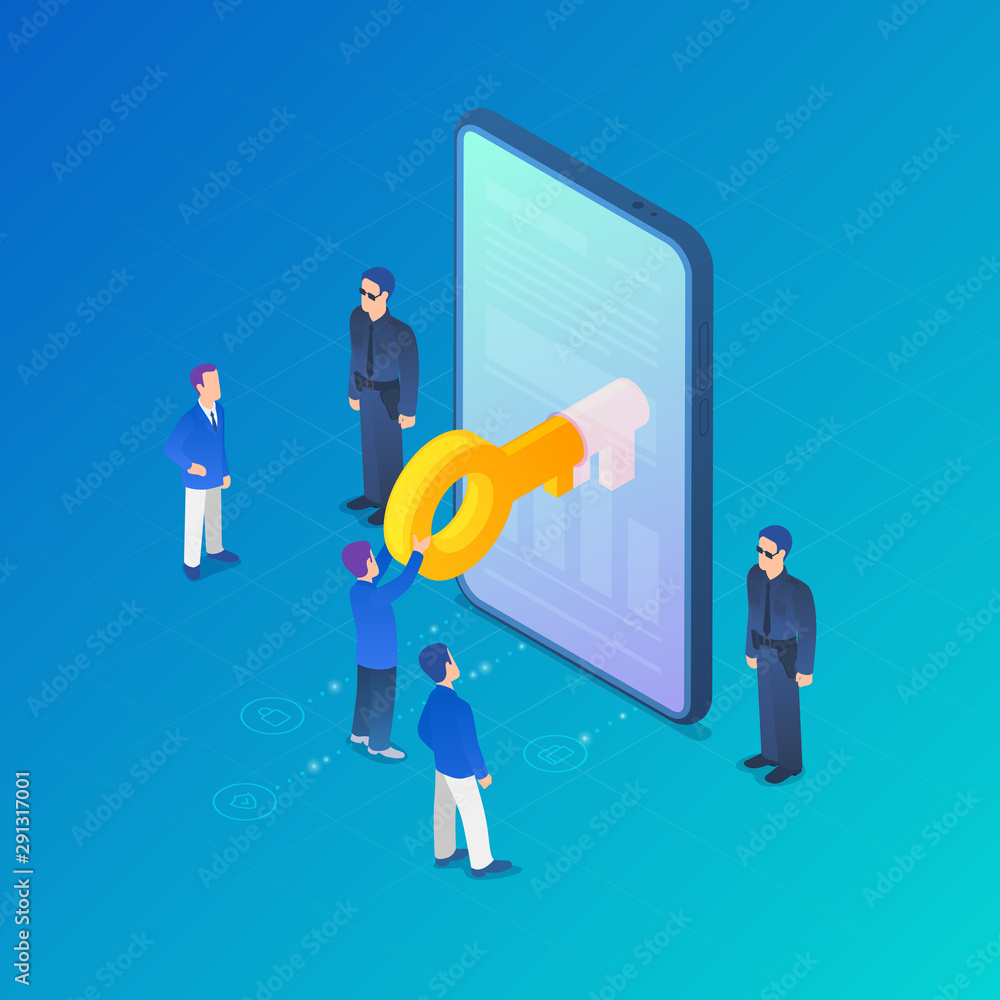 Poster digital internet security isometric vector illustration concept. key in mobile phone smartphone with