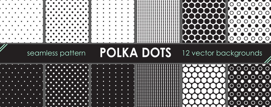 Set of vector seamless and repeating pattern. Polka dots background. Printable bundle of the circles and dots. 12 backdrops for your graphic design.