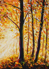 Schöne Herbstlandschaftsmalerei. Sonniger, goldener, orangefarbener, künstlerischer Park aus Acryl. Aurumn-Bäume des Impressionismus in der hölzernen Waldgrafik © weris7554