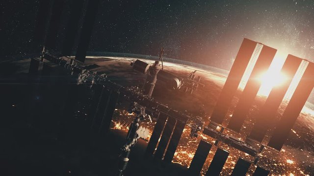 Modern ISS with solar panels flies over planet Earth day part against bright Sun. 3d render animation. Science and technology concept. 4K. Elements of this media furnished by NASA