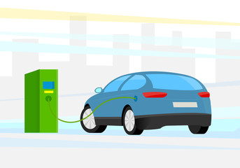 Vector illustration. Electric car charging at charge station. City building in the Background