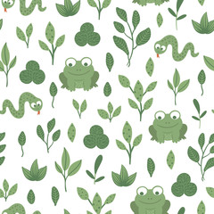 Vector seamless pattern of hand drawn flat funny baby snake and frog with leaves. Forest themed repeating background for children’s design. Cute animalistic backdrop.