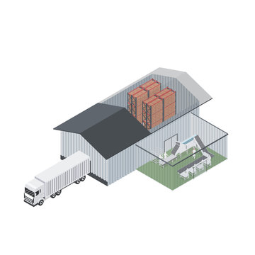 Isometric Design Of Industrial Plant. Food Plant Distribution Simulation