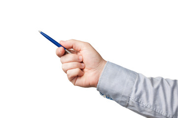 Businessman hand pointing to something during a presentation using a blue pen on white background