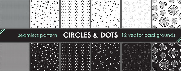 A set of many seamless patterns. Monochrome background with circles and dots. Orderly and chaotic designs for your graphic design. Polka dots. 