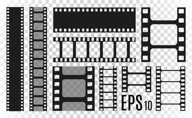 Set of film vector stripes isolated on transparent background.Film strip roll. Vector cinema background.