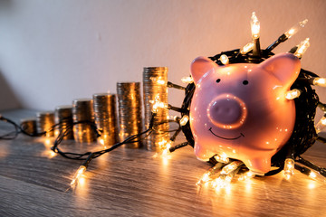 Pink piggy bank with party light, organize a party for the event where successful in saving money...